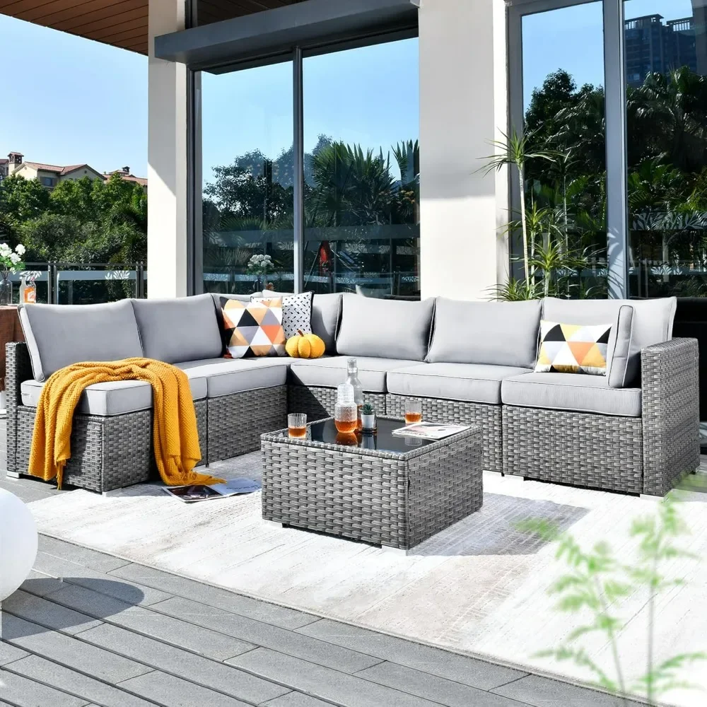 

Outdoor 7 Pc Coversation Set with Coffee Table,Sectional Patio Furniture Set with All-Weather Wicker Sofa,Modern Outside Couch