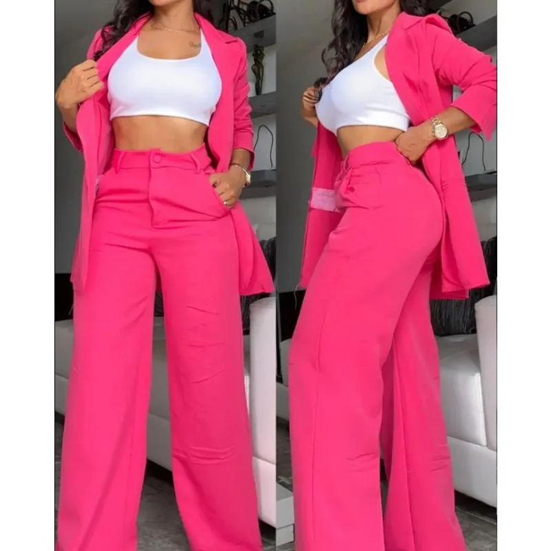 New Arrivals Temperament Spring Women's Clothing Pure Color Elegant Long-Sleeved Lapel Suit Pocket Straight-Leg Pants Suit