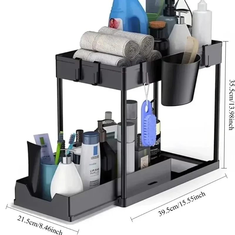 2‑Tier Sliding Under Sink Organizer Multi‑Function Cabinet Basket with Hooks Hanging Cup Space‑Saving Rack for Kitchen Bathroom view 6