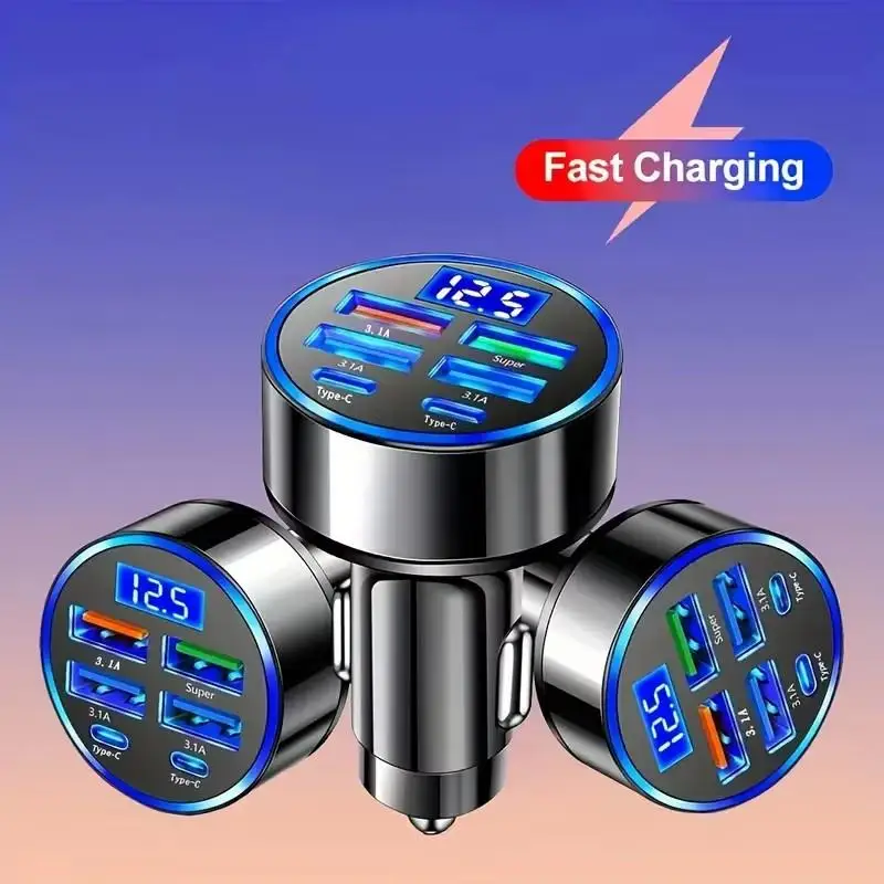 6 in 1 Car Charger - Fast Charging PD QC3.0 USB C with Voltage Monitor,Efficient Multi-Port Charging, Safe for Car Use ﻿