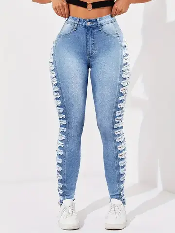 Women's fashionable washing light blue side layered ripped elastic slim fit and hip-retracted casual nine-point foot jeans