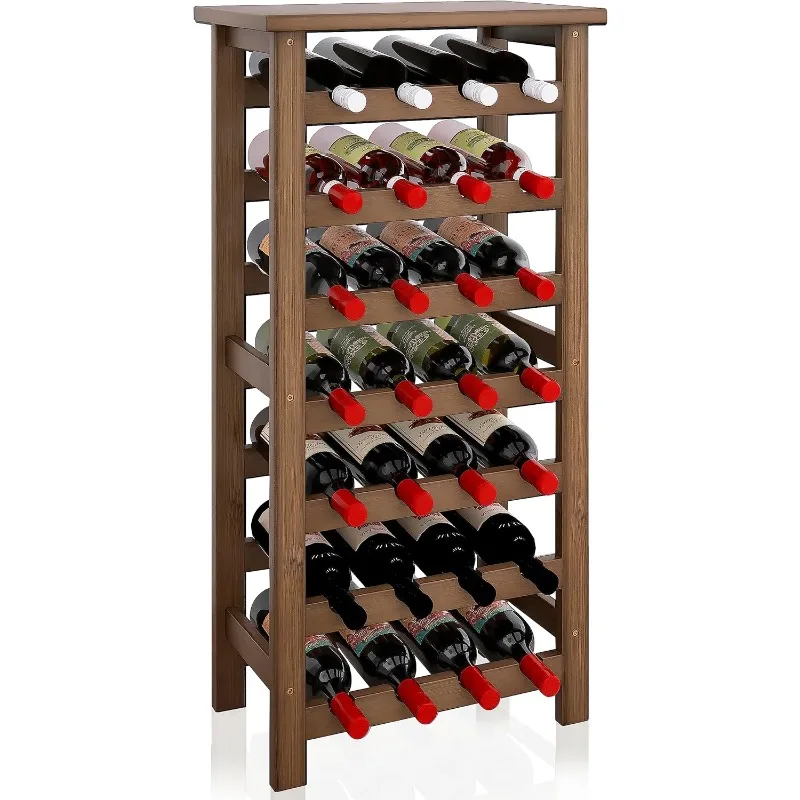 Bamboo Wine Rack, 28 Bottles Display Holder with Table Top, 7-Tier Free Standing Storage Shelves for Kitchen, Pantry,