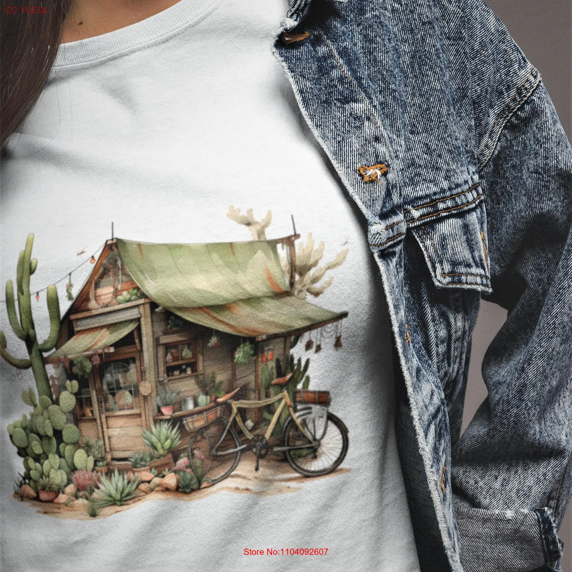 Cactus boho t shirt Heavy Cotton RetreaT Vintage Wooden House and Bicycle top gardeners gift long or short sleeves