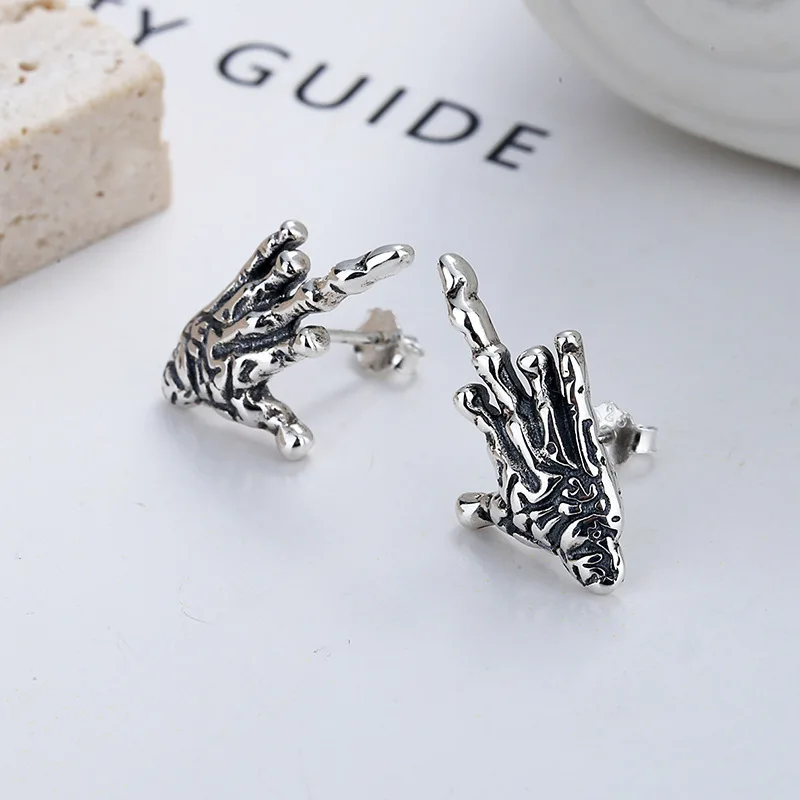 Vintage Silver Color Skull Hand Middle Finger Stud Earrings for Men Women Punk Hip Hop Halloween Piercing Earring Rock Jewelry
