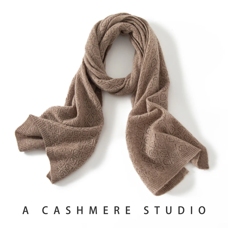 Winter New 100% Cashmere Scarf Fashion Solid Color Hollow Out Women Soft Warm Scarf Cashmere Knit Jacquard Long Scarves 158*38