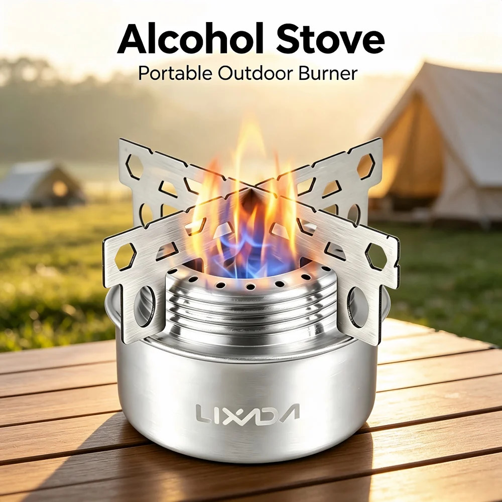 Tragbarer Mini-Alkohol-Campingkocher mit Klappständer, Kompakter Edelstahl-Alkoholofen für Outdoor-Picknick-Kochen