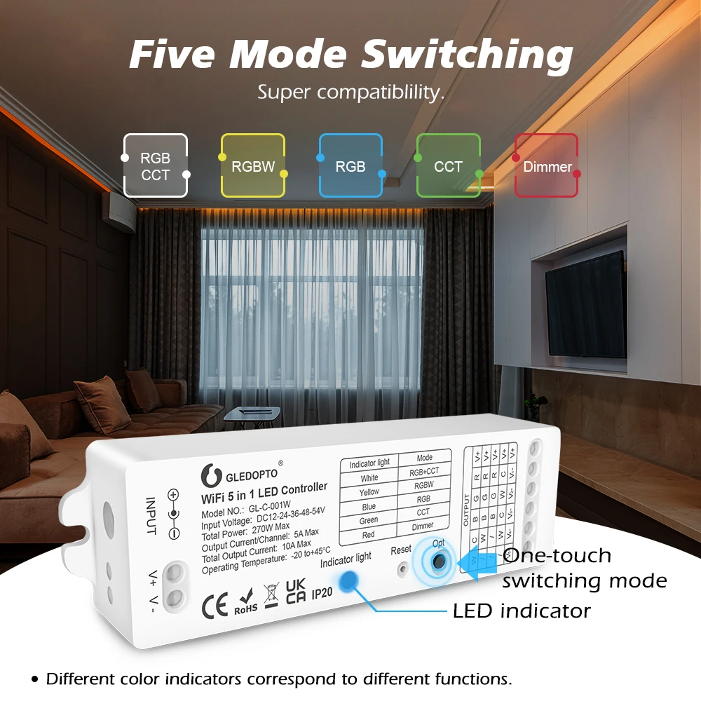 Tuya WiFi 5 in 1 LED Controller Dimming/ WWCW/ RGB/ RGBW/RGB+CCT LED Strip Dimmer App/Remote/Voice Control No Gateway Require