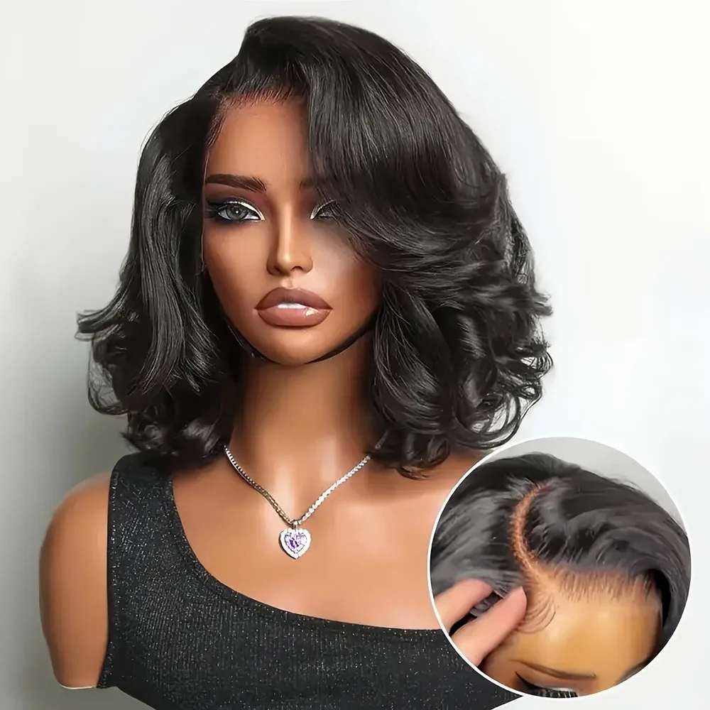 شعر مستعار ناعم قصير مموج مع دانتيل أمامي - دانتيل عالي الدقة 13 × 4، نسيج مموج طبيعي مناسب لخط الشعر، خفيف الوزن ومريح