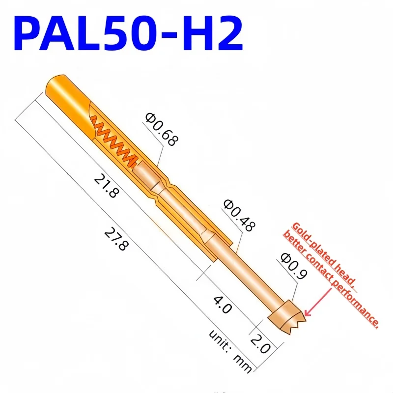 20/100PCS PAL50-H2 Spring Test Probe PAL50-H Test Pin Test Tool 27.8mm 0.68mm Gold Needle Tip Dia 0.90mm Pogo Pin PL50-H PL50-H2