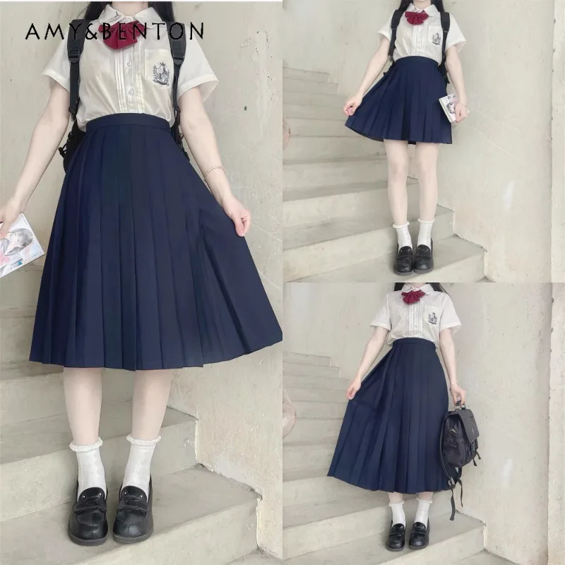 

2024 Japanese Style JK Uniform Matching Pure Color All-Matching Comfortable Waist Slimming Short Mid Length Pleated Skirt Female