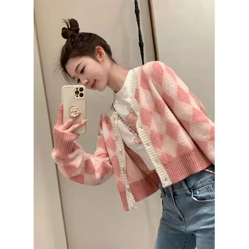 Korejpaa ピンク市松ニットカーディガン女性初秋レトロ薄型トップスショートジャケット優しい甘いセーターコート
