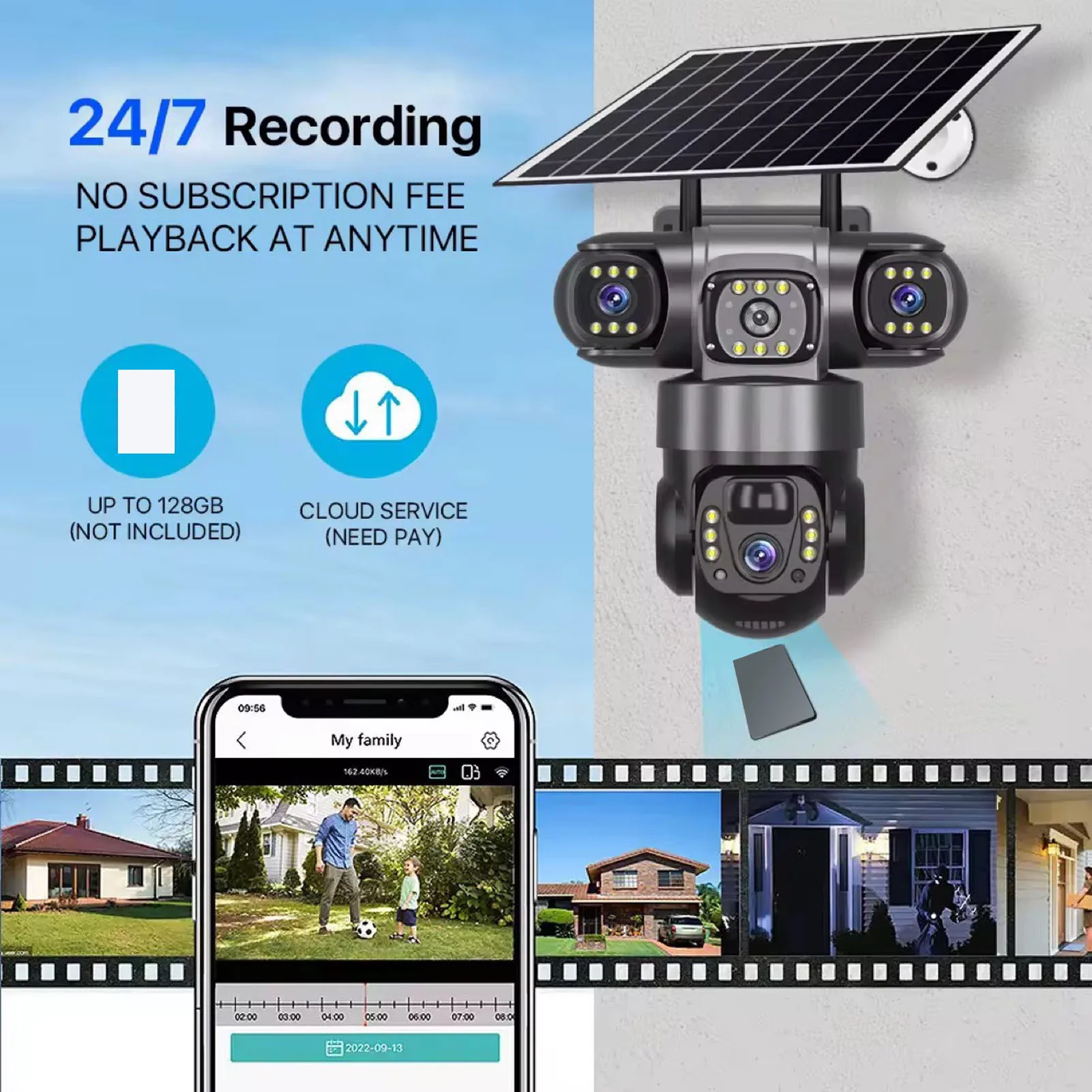 4G Solar Security Camera 2MP Triple Lens AI Motion Detection IP66 Two Way Talk PTZ Security Camera for Home Indoor Outdoor
