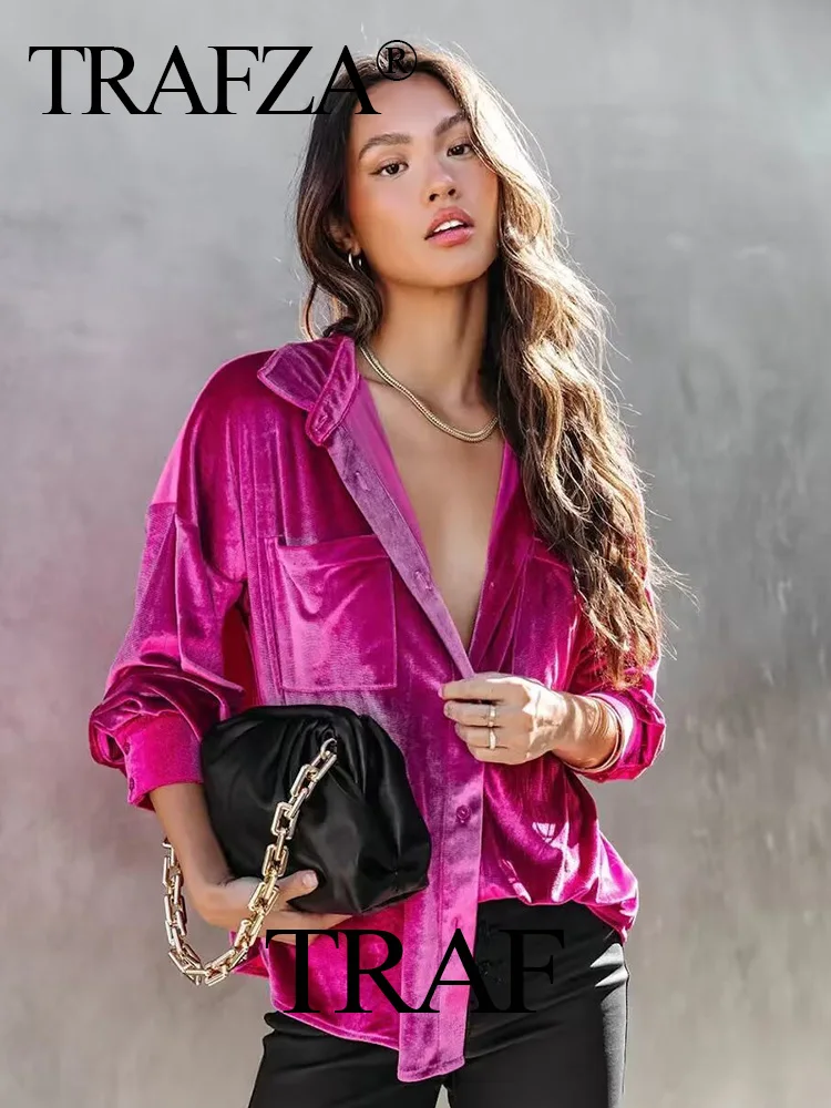 

TRAFZA Women's New Fashion Solid Color Vintage Single-Breasted Pocket Decorate Slim Shirts Elegant Lapel Long Sleeve Casual Top