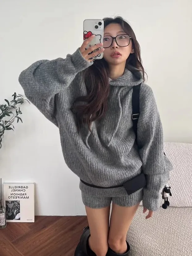 

Женский утепленный теплый свитер-пальто с капюшоном в полоску, свободный крой, осенне-зимний, модный, простой в сочетании, короткий комплект, хлопок, длинный рукав