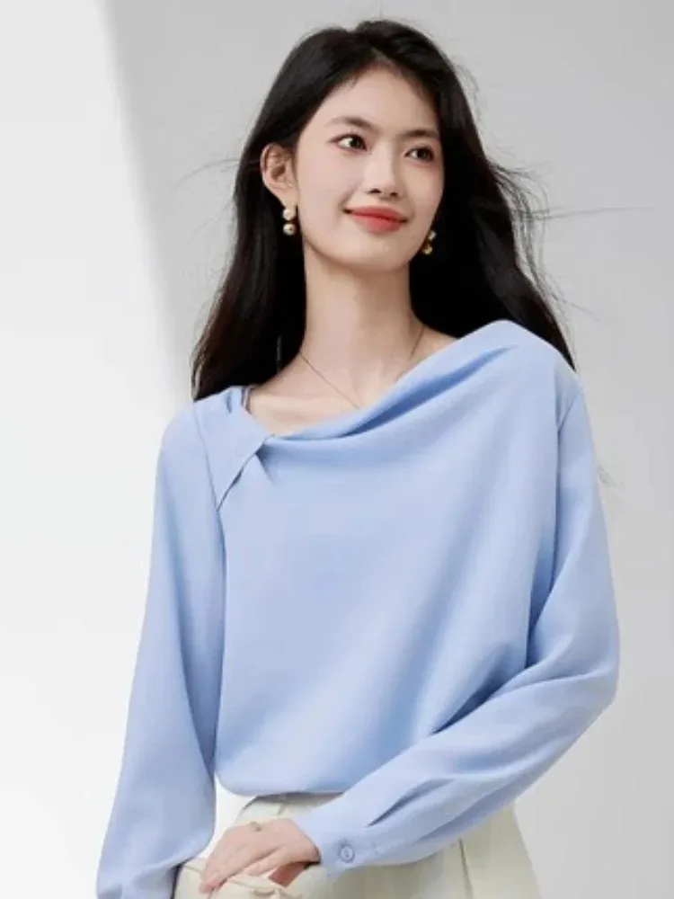SENTUBILA Women's Elegant Skew Neck Chiffon Shirt 2025 Autumn Loose Edition Commuting Long Sleeve Shirt 153VA2614
