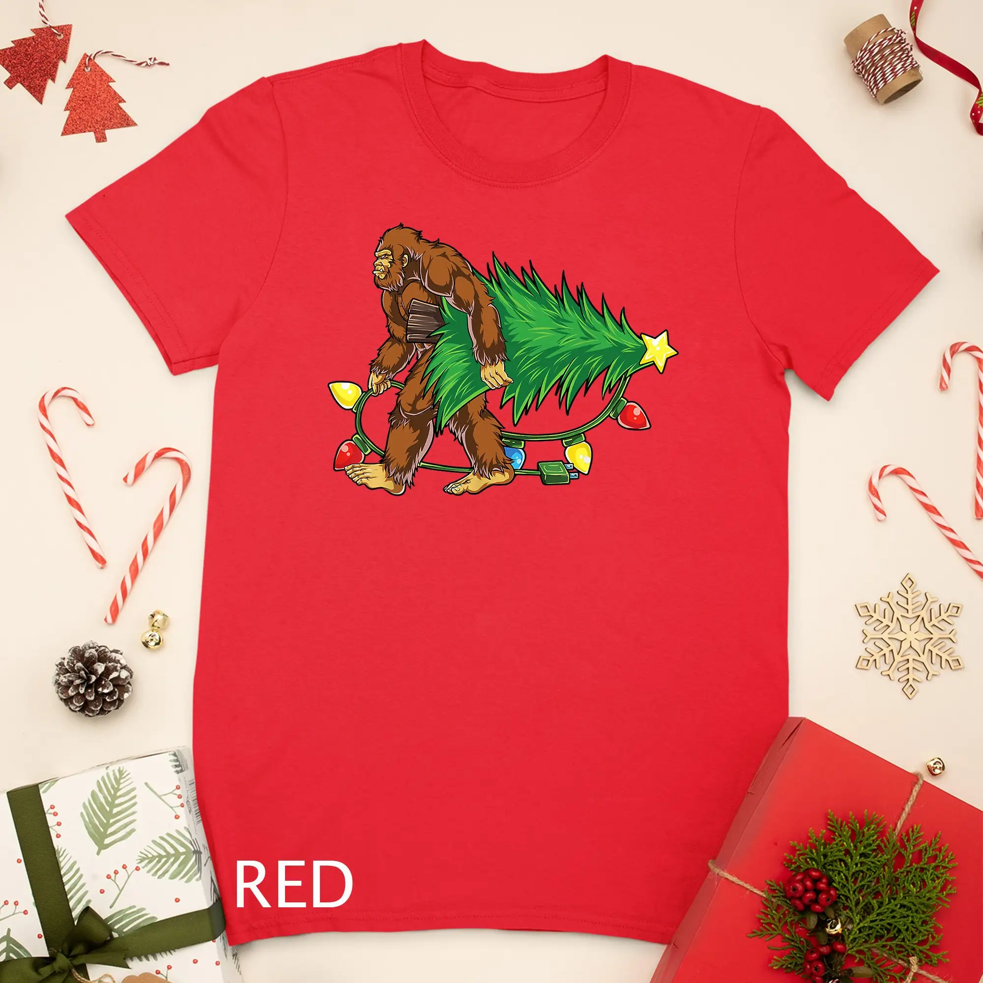 Bigfoot Christmas Tree Lights Xmas Boys Kids Men Sasquatch T Shirt Sweat