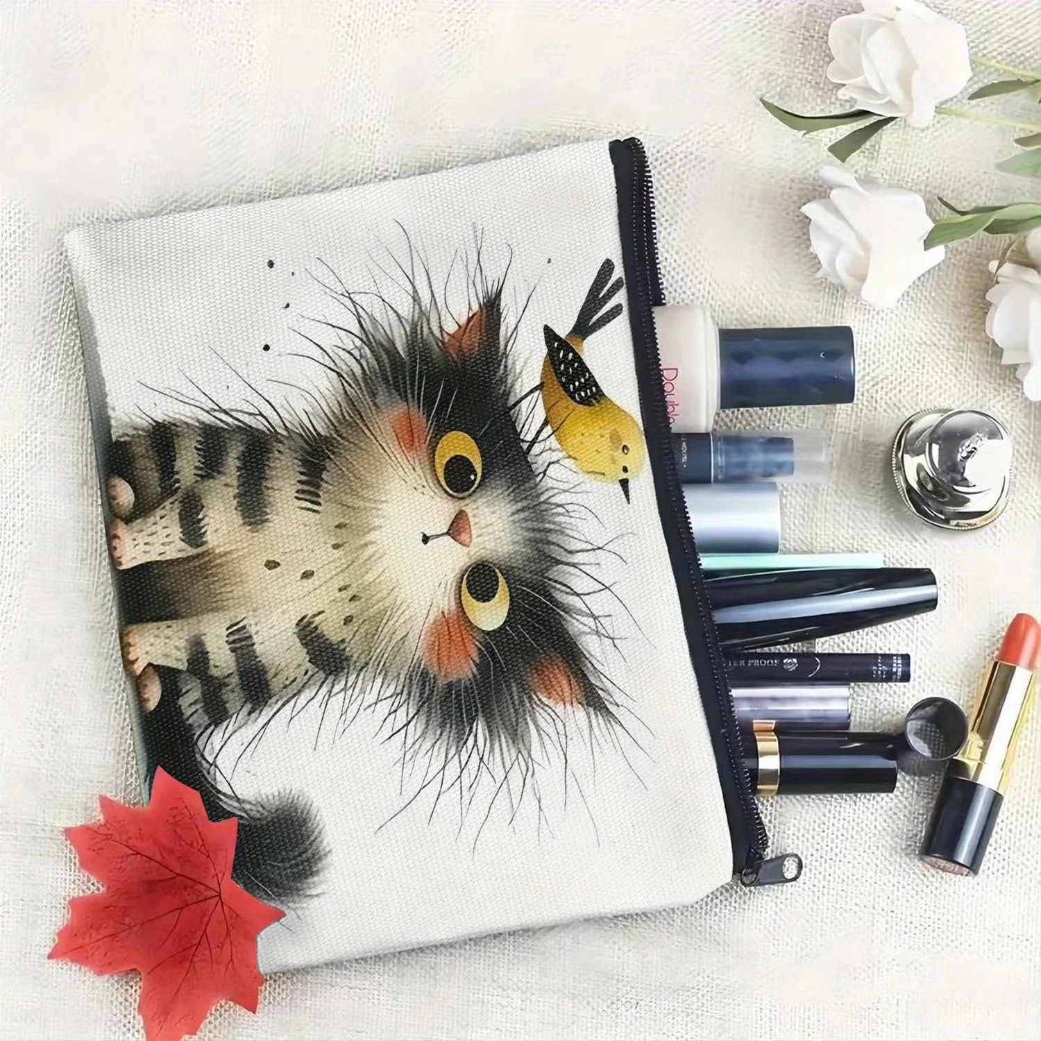 Cute Cat and Bird Pattern Cosmetic Bag,Lightweight Travel Makeup Organizer, Unscented, with Toiletry Bag for Men and Women
