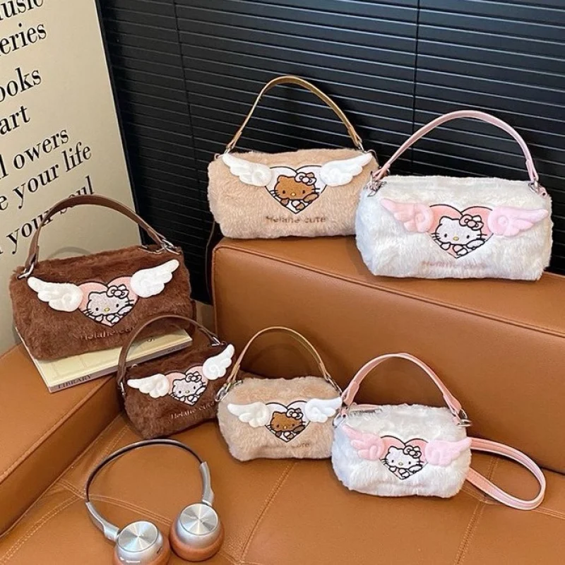 

Kawaii Plush HelloKittty Shoulder Bag Women's Angel Wing Fluffy Handbag Small Unique Versatile Crossbody Tote