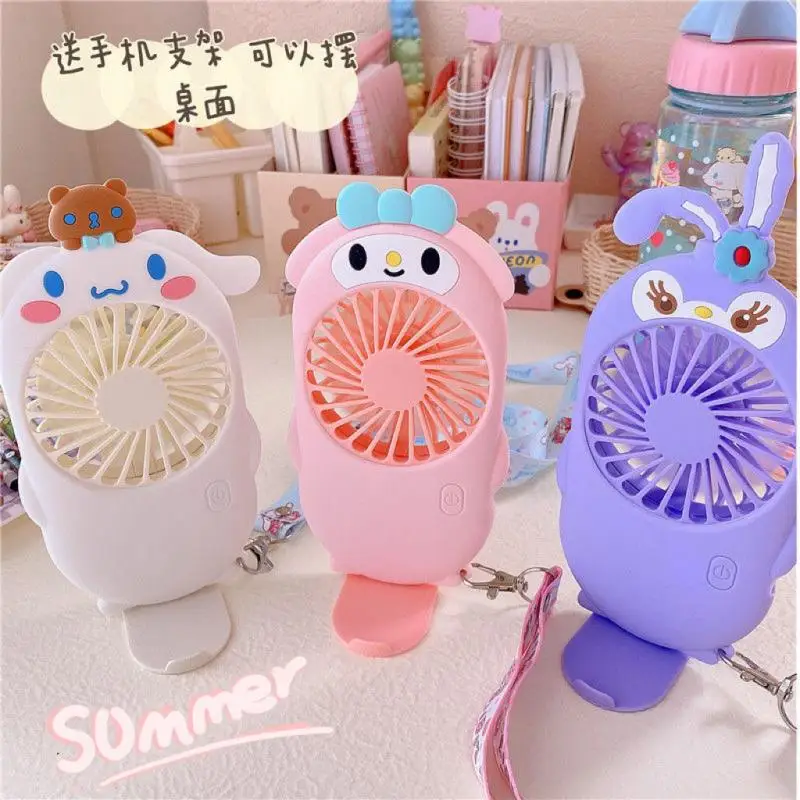 Kawaii Sanrios Cinnamoroll Melody Usb Charging Hanging Neck Fan Stellalou Student Portable Dormitory Silent Deskfan Phone Holder