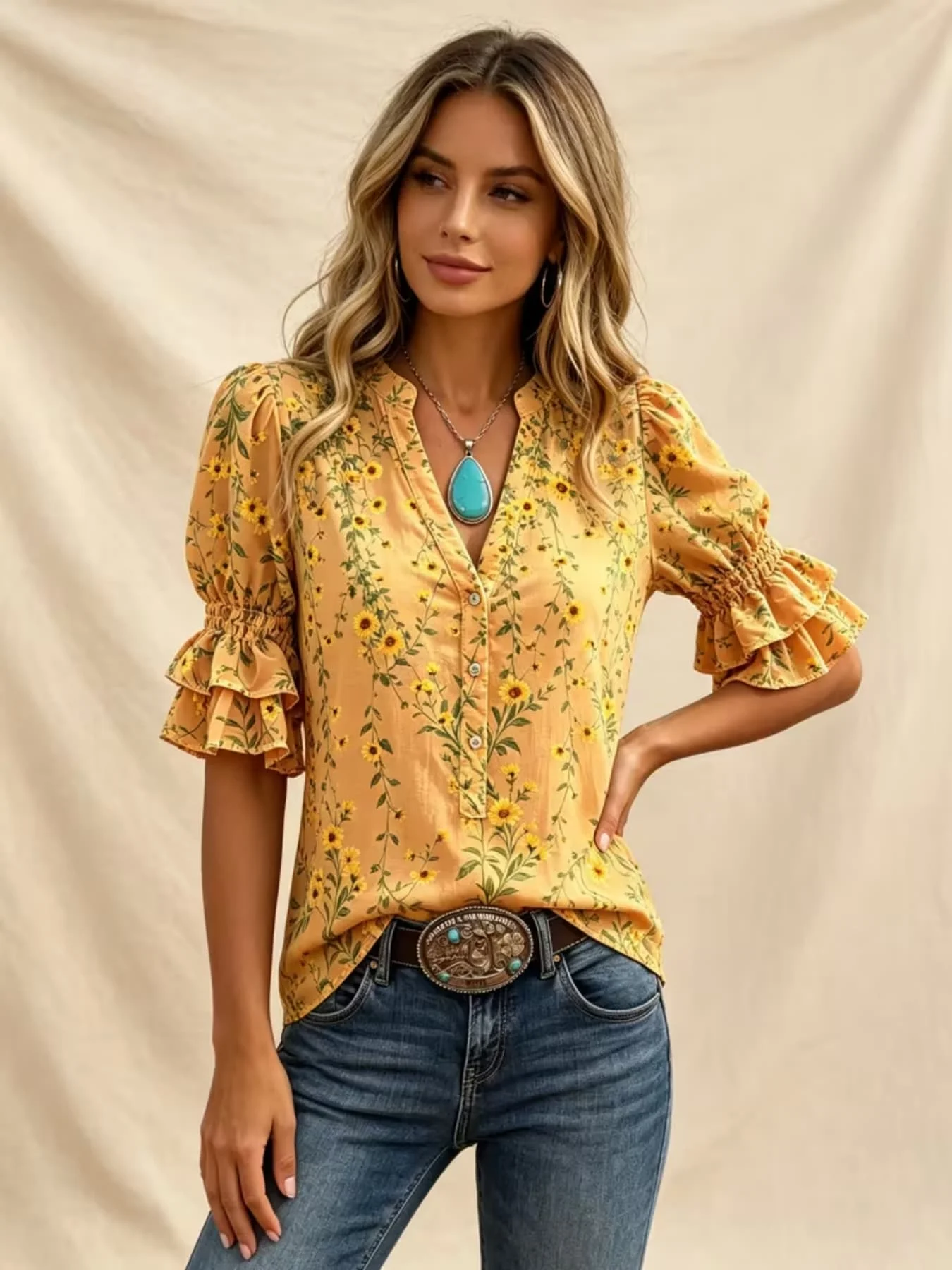 Women Cowgirl Western Blouse Notched V‑Neck Half‑Button Double Layer Ruffle Puff Short Sleeve Boho Floral Print Loose Casual Top view 4