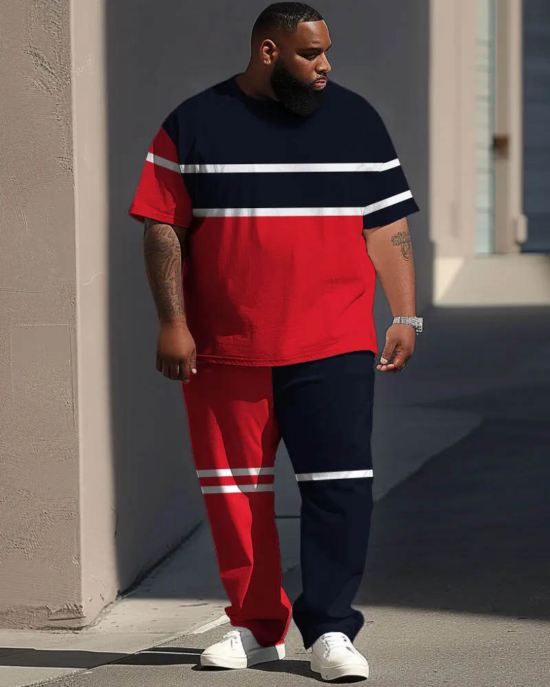 Biggmans L-9XL Plus Size T-Shirt Set Street Vitality Red And Black O-neck Short sleeved Pants Colorblock Print Large Men\'s Suit