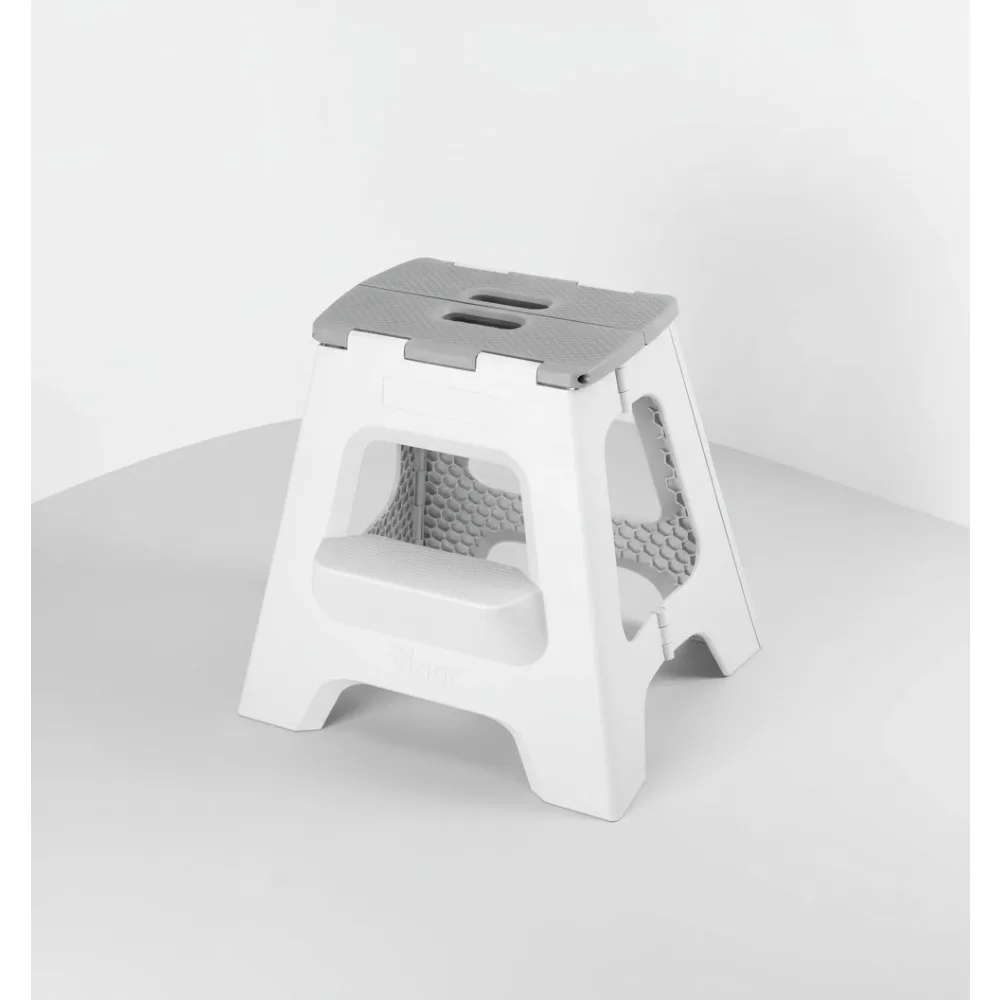 مقعد مدمج قابل للطي مقاس 16 بوصة سلم بخطوتين للبالغين بسعة 330 رطل وخفيف الوزن وغير قابل للانزلاق باللون الرمادي #1