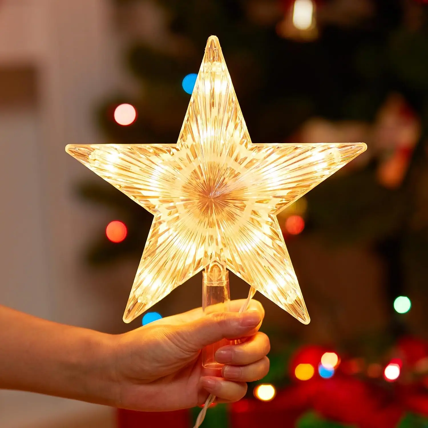 18CM lśniąca choinka górna gwiazda Pentagram światła LED pionowe ziarno świecące wtyczka wróżka ozdoba lampy Navidad dekoracje