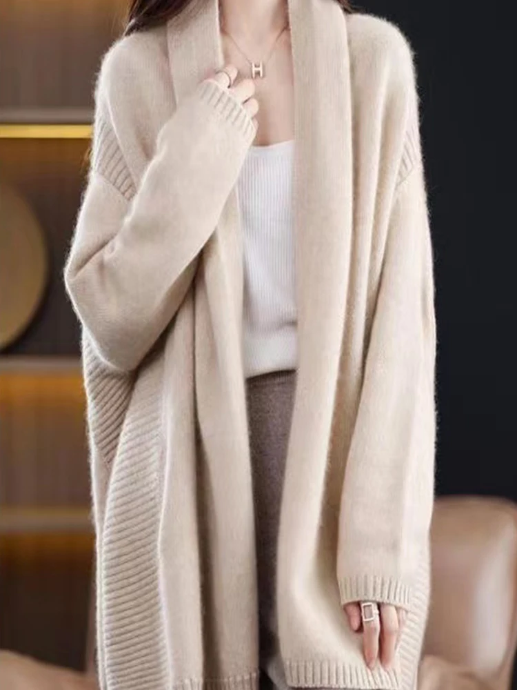 100% Pure Wool Knitted Shawl for Autumn/WinterFashionable New Style Women Lapel Sweater Cardigan Loose Versatile Cape Thick Coat