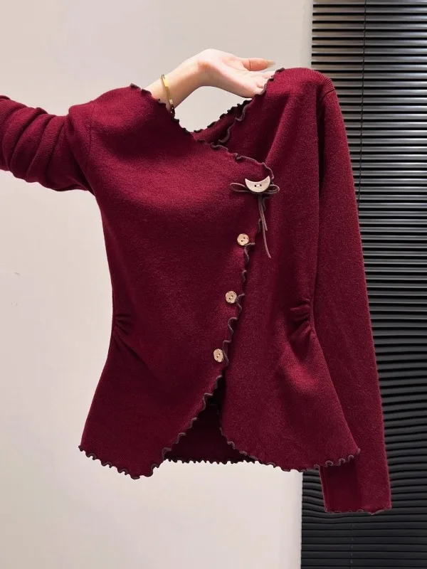 

Ретро-красный вязаный свитер с V-образным вырезом, женский, с длинными рукавами, с поясом, облегающий, осенне-зимний, повседневный, мягкий, из полиэфирного волокна