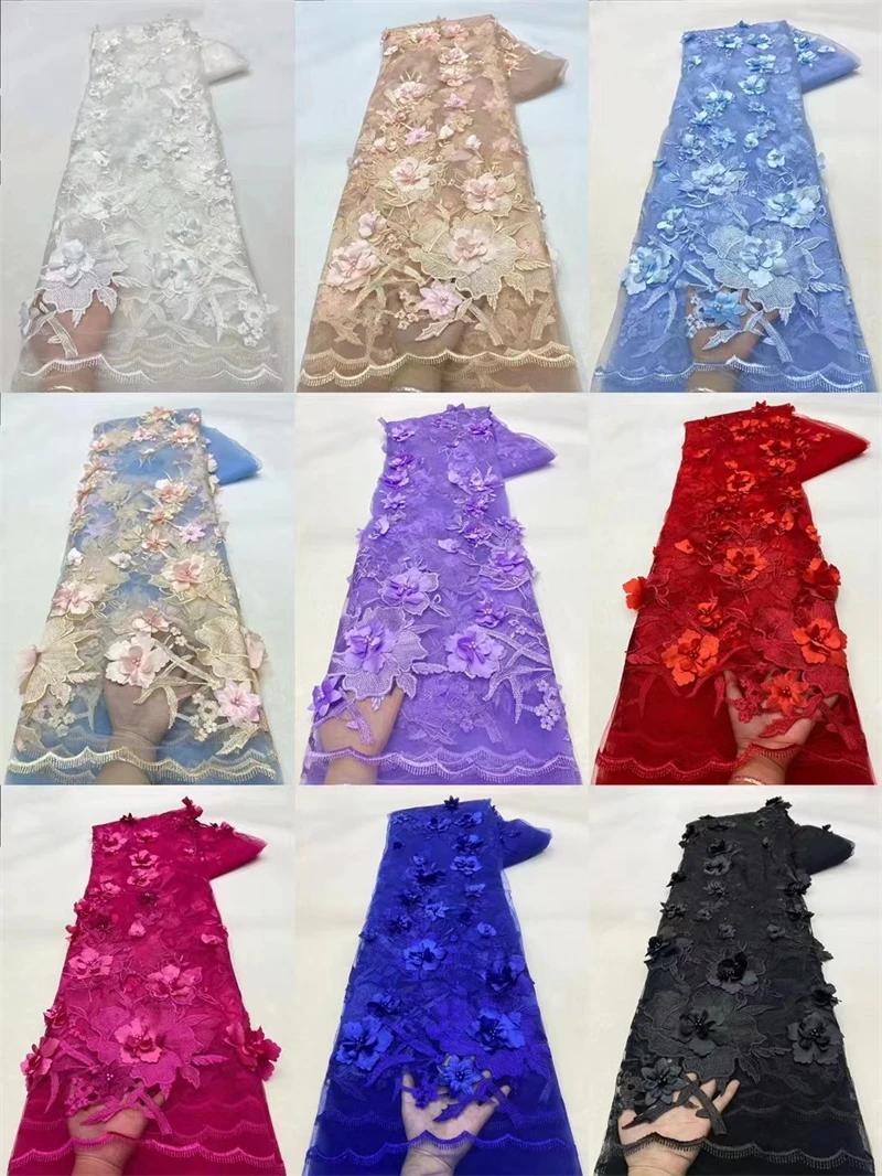 2024 Luxury 3D Beaded Tulle Lace Fabric, Embroidered Flower, Nigerian Fabric for Sewing, 5 Yards, Dubai,X380085