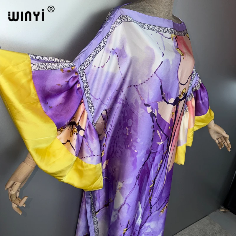 WINYI boho nuovo soffio (ed) maniche abito da sera abaya dubai lusso femminile allentato stampa caftano donna musulmana abbigliamento abito da spiaggia