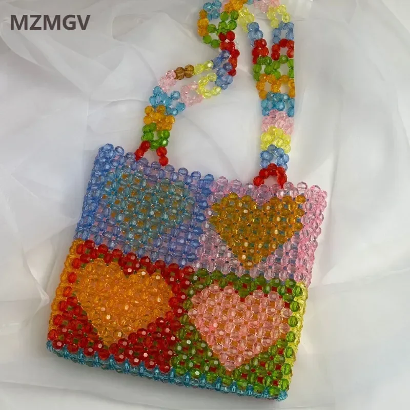 

Candy Color Summer Checkered Beaded Bag Heart Pattern Handmade Colourful Acrylic Beaded Shoulder Bag Evening Party Handbag Purse