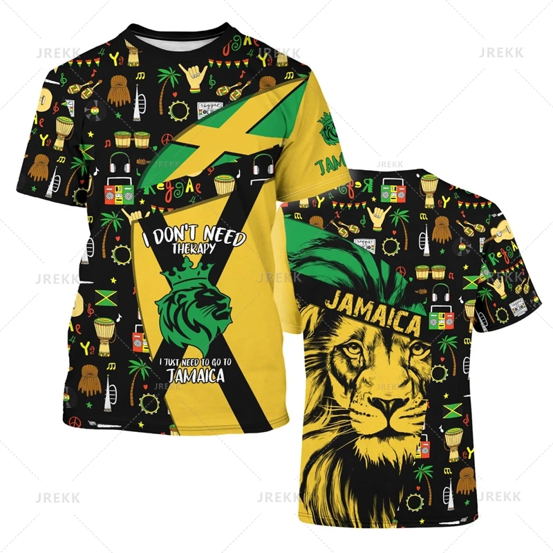 Jamaica Flag Graphic T-Shirt Men's Lion 3d Printed Crewneck Short Sleeve Casual Sports Tops Tees Summer Oversized T Shirts