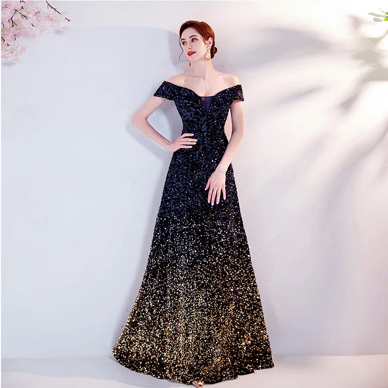 

Women's Off Shoulder Evening Party Dress Sparkly Sequin Gradient Black Fishtail Gown Formal Prom Dresses