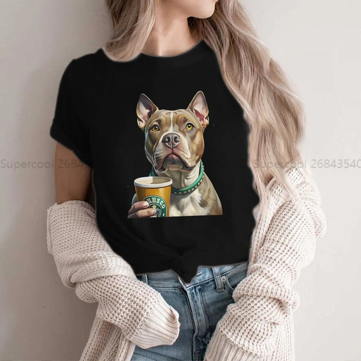 Pitbull Drinking Coffee Round Collar Polyester TShirt Meme Original T Shirt Women Clothes Individuality