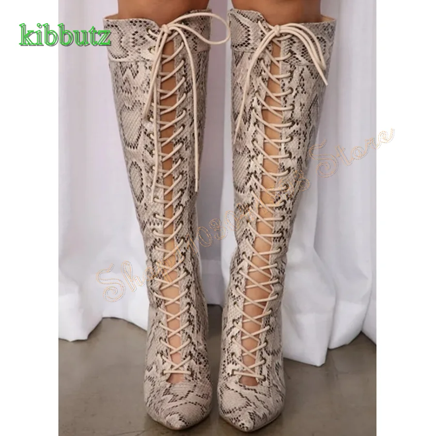 

Hollow Snake Print Leather Lace Up Boots,Pointed Toe Stiletto Side Zip Knee High Boots Women Boots 2023 New Zapatos Para Mujere