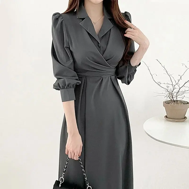 Women Ruffled Bow Lace Up Chic Elegant Party Dresses Korean Fashion Office Lady Business Casual Long Sleeve Midi Dress Vestidos