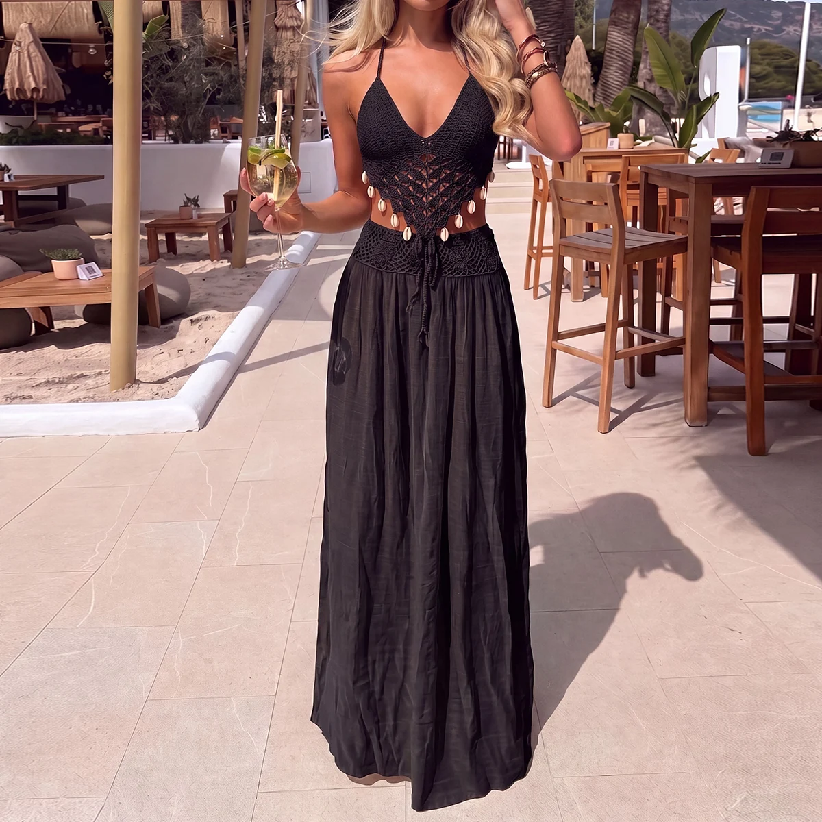 Boho-Stil Muschel-Dekor Handgehäkeltes Langes Rock-Set, Sommer-Strand-Urlaubs-Set mit Bindung, Durchbrochenes Transparentes Strandkleid-Set, Zweiteilig – Detail 8