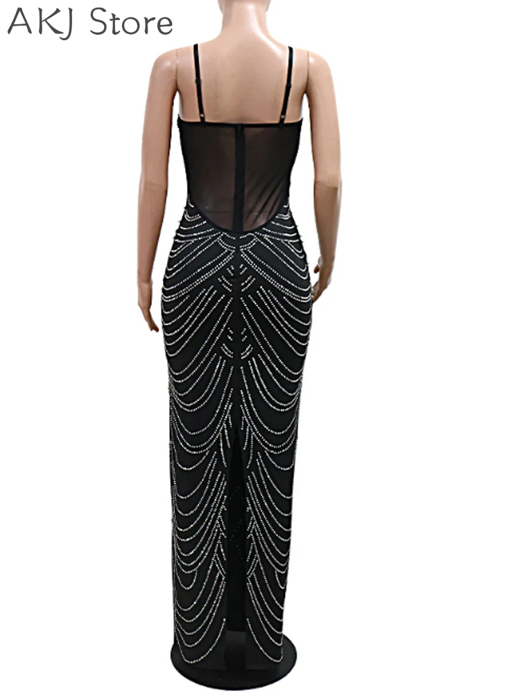 Sexy durchsichtiges Mesh-Perlen-Strass-Patchwork-Partykleid