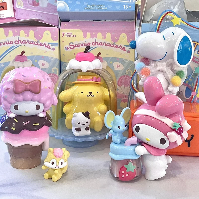 Sanrio comida diversão série caixa cega minha melodia cinnamoroll pochacco pompom purin kuromi kawaii anime figura brinquedo decoração menina presente de natal