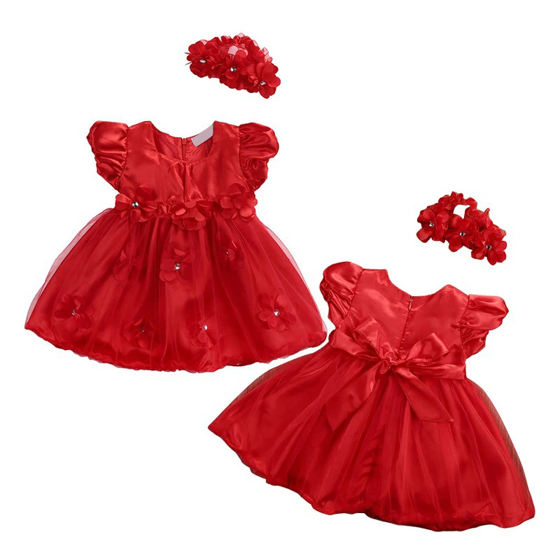 Baby Girls Princess Dress Solid Flower Decor Sweet Dress Cute Tutu Newborn Infant Birthday Party Dress Shoot Costume+Headband