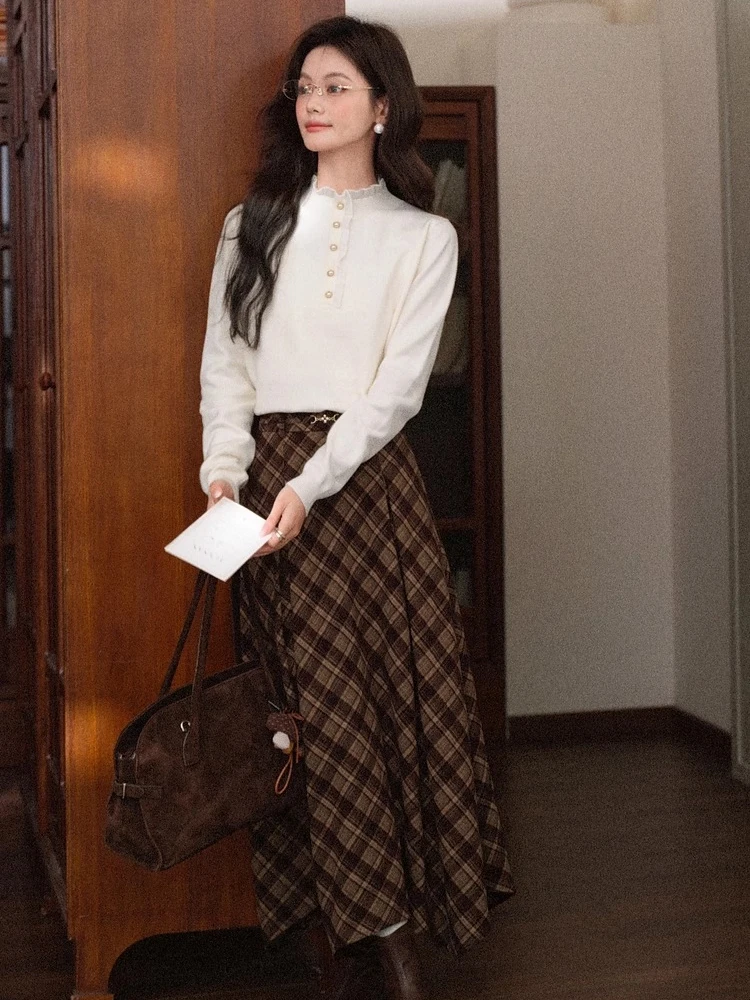 ALXNAN Abrikoos Trui Herfst Winter Parel Knoppen Stand Kraag Kant Patchwork Truien Slanke Gelaagdheid Gebreide Trui L59010