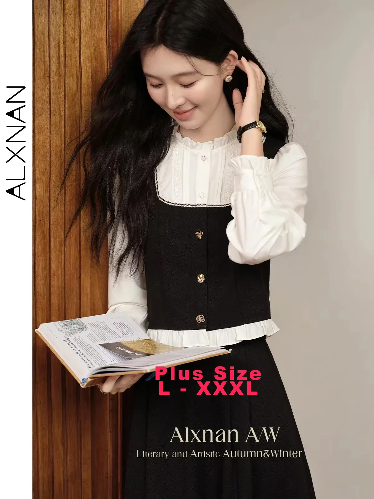 

ALXNAN Women's Spliced Plus Size Shirts Trendy 2 in 1 Ruffled Collar&hem Irregular Buttons 2024 Fall Winter Casual Tops D068015