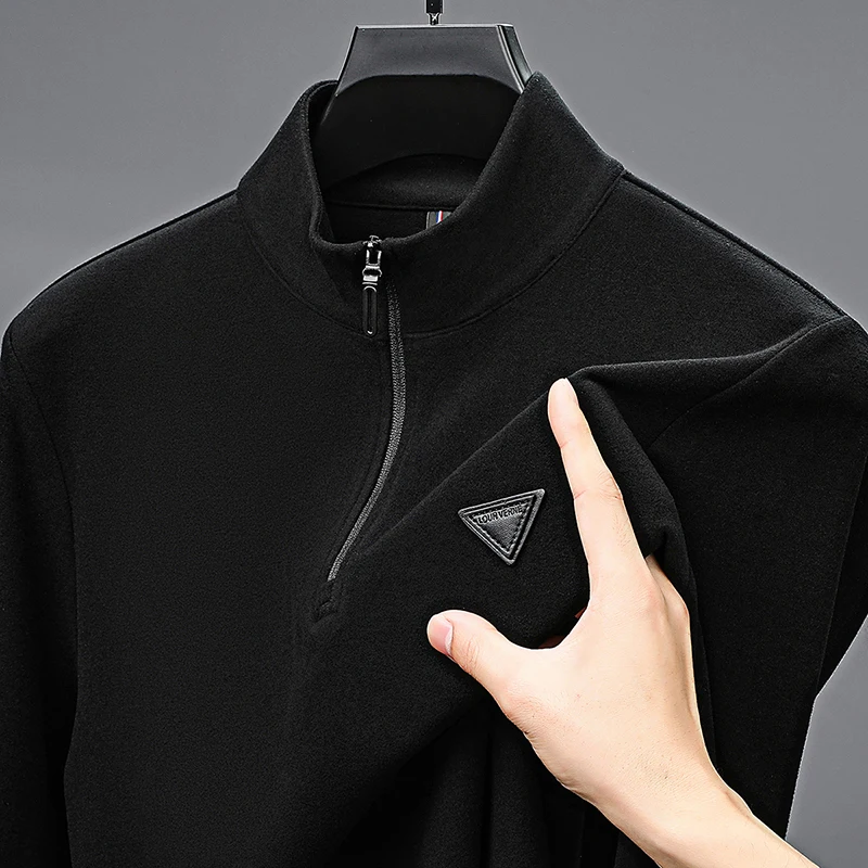 

Luxury Man Long Sleeves T-Shirt Half-Zip Round Neck Velvet Fleece Warm Colorfast Pilling-Resistant Sleek Fashion Men's Clothing
