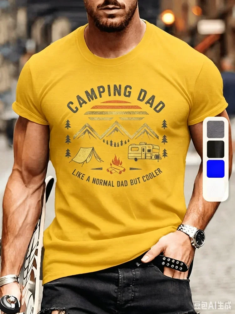 Funny Men's Camping Dad Like A Normal Dad But Cooler Print T Shirt Vintage Outdoor Casual Short Sleeve Tops