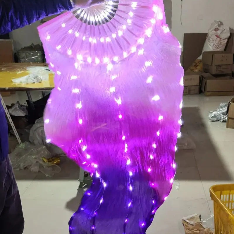 Factory Direct Sales Fuchsia-Purple Silk Dancing Fan Rechargeable LED Light Fan Professional Belly Dance Props Accessories