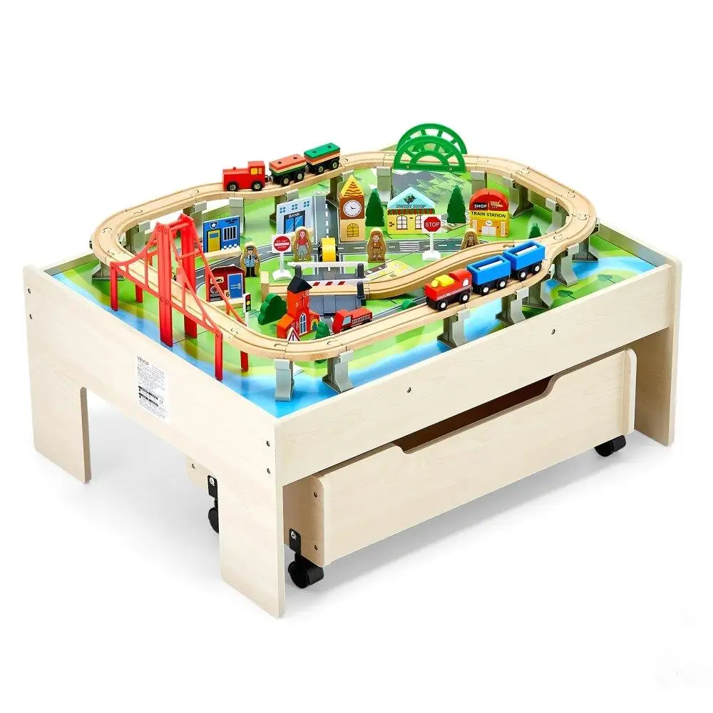 

100 Pieces Wooden Kids Activity Table with Rolling Storage Drawer Playset for Children Educational Toy Craft Table