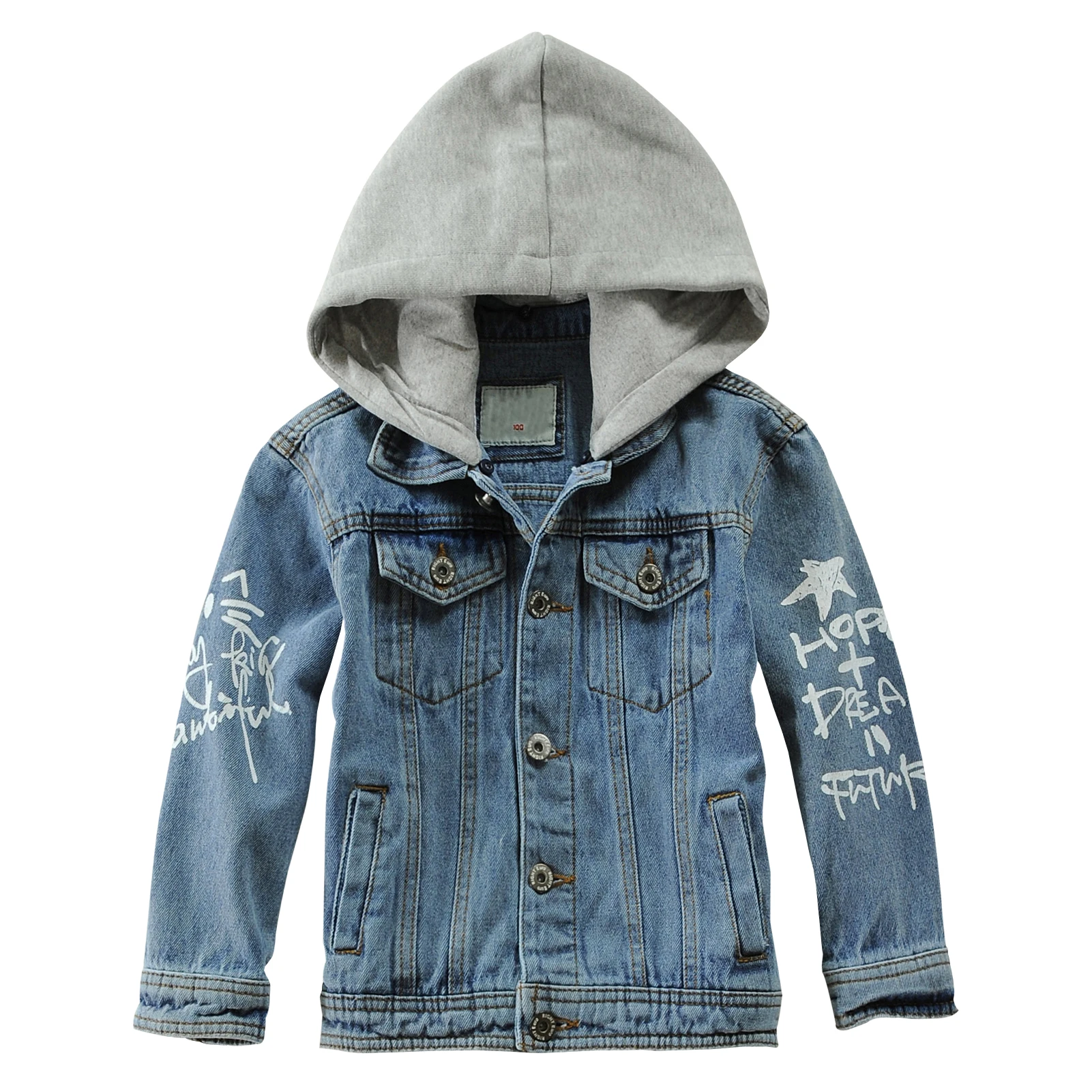 

Boys Cowboy Jacket with Hood Cotton Fake 2-Piece Hole Single Breasted Kids Jean Coat Outerwear Teens Transition Denim Jacket