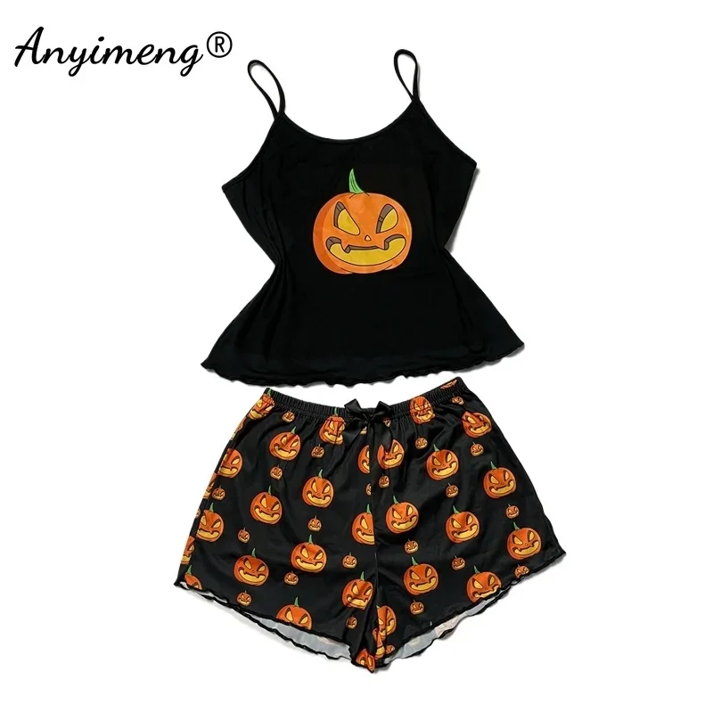 Halloween Tank Top Shorts Female Prumpkin Nightie Summer Spaghetti Strap Pajamas Set for Women Sexy Lingerie Sleeveless Pijamas