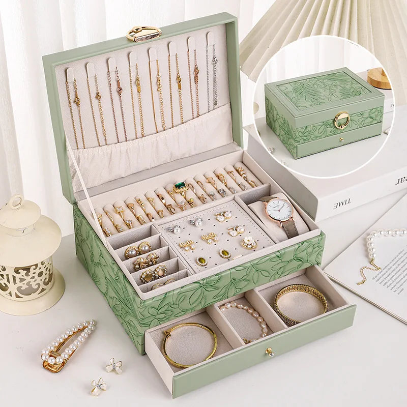 

Элегантная шкатулка для драгоценностей из искусственной кожи, двухслойные серьги с принтом, кольца, браслет, ожерелье, дисплей, коробки для хранения, органайзеры для ювелирных изделий